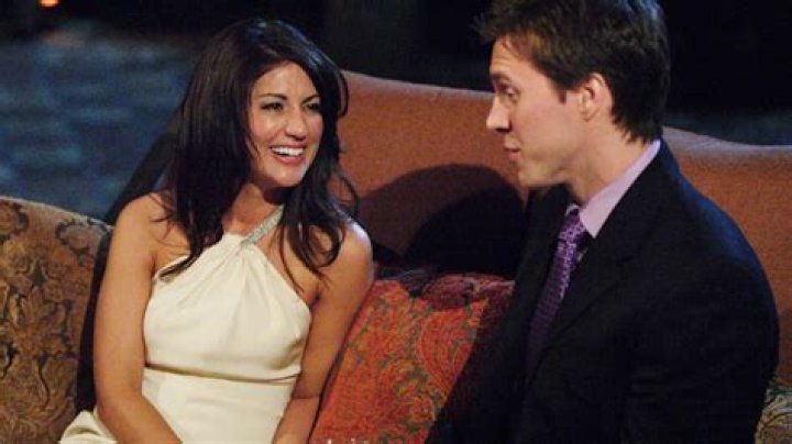 Bachelorette reunion Jillian Harris white and blue flowery dress